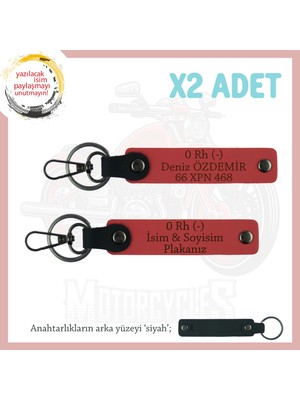 Motor Severlere Hediye Isim Plaka ve 0 Rh (-) Kan Grubu Yazılı X2 Anahtarlık Deri, Nar Çiçeği-Syh