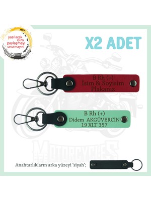 Motor Sürücüsüne Isim Plaka ve B Rh (+) Kan Grubu Yazılı 2' Li Anahtarlık Hediye, Kırmızı-Yeşil-Syh