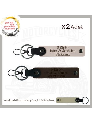 Motorcuya En Iyi Hediye, Isim Plaka ve 0 Rh (-) Kan Grubu Yazılı 2'li Anahtarlık, Pudra-K Kahve-Sk