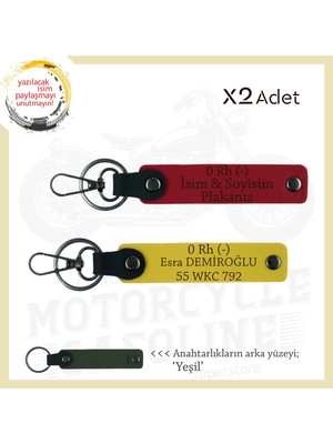 Motor Severlere Özel Hediye, Isim Plaka, 0 Rh (-) Kan Grubu Yazılı 2'li Anahtarlık, Kırmızı-Sarı-Ysl
