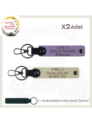 Motorcu Için, Isim Plaka ve 0 Rh (-) Kan Grubu Yazılı Hediye X2' Li Anahtarlıklar, Mor-S Kahve-Laci