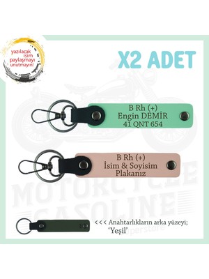 Motor Severlere Özel Tasarım, Isim Plaka ve B+ Kan Grubu Yazılı X2 Anahtarlık, Yavruağzı-Yeşil-Ysl