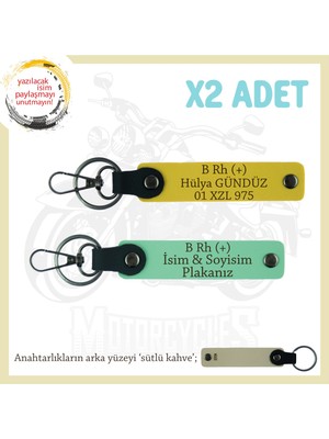 Motosiklet Severlere Özel, Isim Plaka ve B Rh (+) Kan Grubu Yazılı X2 Anahtarlıkları, Yeşil-Sarı-Sk