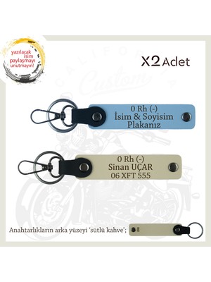 Motorcycle Rider, Isim Plaka ve 0 Rh (-) Kan Grubu Yazılı 2li Set Anahtarlık Hediye, Mavi-S Kahve-Sk