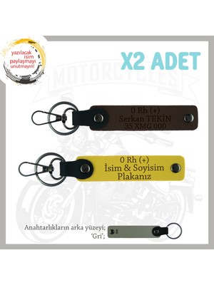 Motorcu Dostlara Özel Isim Plaka, 0 Rh (+) Kan Grubu Yazılı Hediyelik X2 Anahtarlık, Sarı-K Kahve-Gr