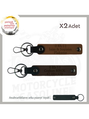 Motor Severlere, Isim Plaka ve 0 - Kan Grubu Yazılı Anlamlı Hediye X2 Anahtarlık, Kahve-K Kahve-Syh