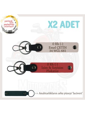 Motor Tutkunlarına, Isim Plaka ve 0 Rh (-) Kan Grubu Yazılı 2'li Anahtarlık, Nar Çiçeği-Pudra-Laci