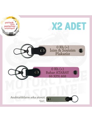 Motor Severlere Özel, Isim Plaka ve 0 Rh (+) Kan Grubu, Tasarım Deri 2'li Anahtarlık, Pudra-Pembe-Gr