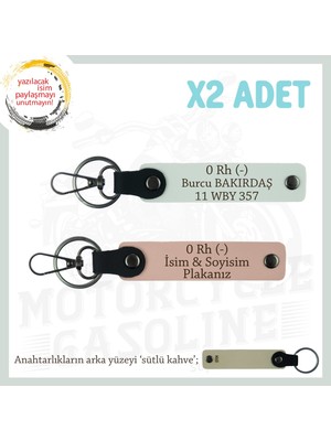 Motosiklet Severler Için Isim Plaka ve 0 Rh (-) Kan Grubu 2' Li Deri Anahtarlık, Yavruağzı-Beyaz-Sk