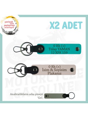 Klasik Motorculara, Isim Plaka ve 0 Rh (+) Kan Grubu, Kişiye Özel X2 Anahtarlık, Pudra-K Turkuaz-Gr