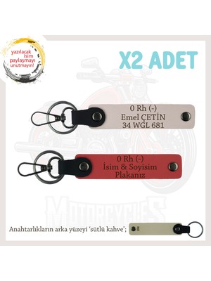 Motor Tutkunlarına Özel, Isim Plaka ve 0 Rh (-) Kan Grubu Yazılı X2 Anahtarlık, Nar Çiçeği-Pudra-Sk