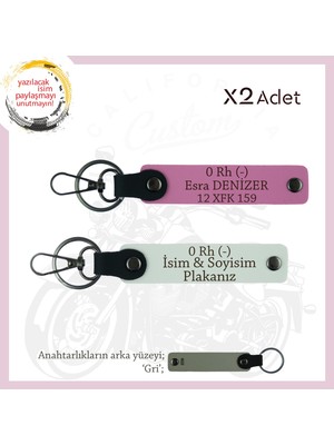 Yol Tutkunları Isim Plaka ve 0 Rh (-) Kan Grubu Yazılı Kişiye Özel X2 Anahtarlık Set, Beyaz-Pembe-Gr
