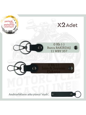 Motor Tutkunlarına, Isim Plaka ve 0 Rh - Kan Grubu Yazılı Kişisel X2 Anahtarlık, K Kahve-Beyaz-Syh