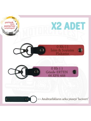 Tüm Sürücüler Için Özel Isim Plaka ve 0 Rh (-) Kan Grubu Yazılı X2 Anahtarlık, Nar Çiçeği-Pembe-Laci