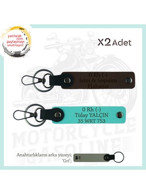 Motor Severlere Hediye, Isim Plaka ve 0 Rh (-) Kan Grubu Yazılı X2'li Anahtarlık, K Kahve-Turkuaz-Gr