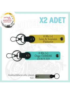 Motor Severlere Isim Plaka ve 0 Rh (+) Kan Grubu Yazılı Özel Tasarım X2 Anahtarlık, Sarı-Turkuaz-Gr