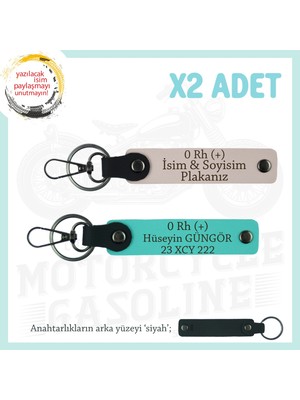 Motorcu Yolculara Özel Isim Plaka ve 0 Rh (+) Kan Grubu Yazılı Deri X2 Anahtarlık, Pudra-Turkuaz-Syh