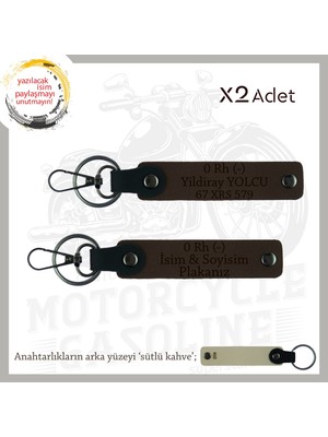 Biker Tarzına Özel, Isim Plaka ve 0 Rh (-) Kan Grubu Yazılı Hediye X2 Anahtarlık Takım, K Kahve-Sk