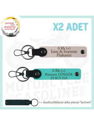 Motorcu Yolculara Özel Isim Plaka, 0 Rh (+) Kan Grubu Yazılı Deri X2 Anahtarlık, Pudra-Turkuaz-Laci