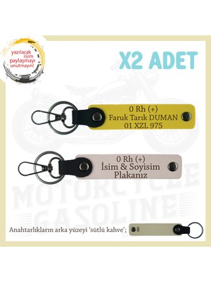 Şöförlere, Isim Plaka ve 0 Rh (+) Kan Grubu Yazılı Hediyelik Deri X2' Li Anahtarlık, Pudra-Sarı-Sk