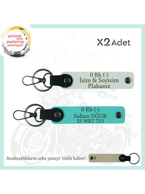Motor Severlere, Isim Plaka ve 0 Rh (-) Yazılı Özel Tasarım X2 Anahtarlık, Hediye , Beyaz-Turkuaz-Sk