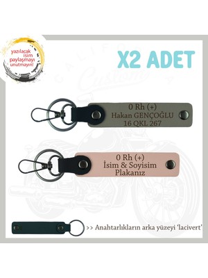 Motosiklet Maceracılarına Özel Isim Plaka ve 0 Rh (+) Yazılı 2'li Anahtarlık, Yavruağzı-Kül Gri-Laci