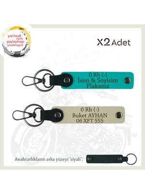 Motor Sürücüsüne, Isim Plaka ve 0 Rh (-) Kan Grubu Yazılı X2 Anahtarlık Set, K Turkuaz-S Kahve-Syh
