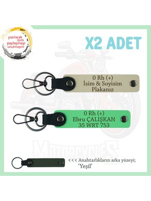 Motorcu Tarzı Plakalı & Isimli Deri X2' Li Anahtarlık,  0 Rh (+) Kan Grubu Ile, S Kahve-F Yeşil-Ysl