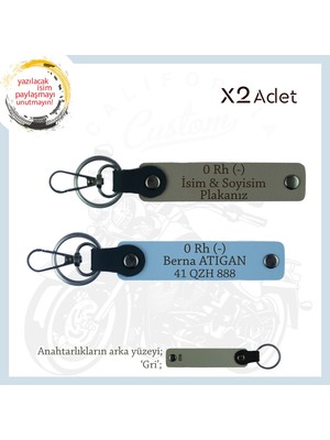 Motosiklet Aşıkları Için, Isim Plaka ve 0 Rh (-) Kan Grubu Yazılı X2 Anahtarlık Set, Kül Gri-Mavi-Gr