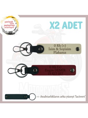 Hız Tutkunlarına Özel Isim Plaka ve 0 Rh (+) Kan Grubu Yazılı Deri X2 Anahtarlık, S Kahve-Bordo-Laci