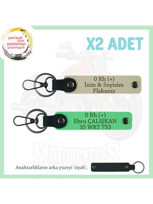 Motorcu Tarzı Plakalı & Isimli X2 Deri Set Anahtarlık, 0 Rh (+) Kan Grubu Ile, S Kahve-F Yeşil-Syh
