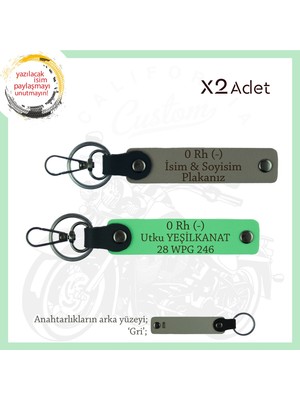Motorcu Dostlara, Isim Plaka ve 0 - Kan Grubu Yazılı Güvenli Sürüş X2 Anahtarlık, Kül Gri-F Yeşil-Gr
