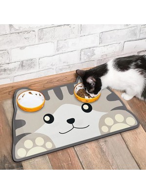 Evcil Hayvan Beslenme Matı Kedi Figürlü Su Emici Özellikli Yıkanabilir Kaymaz Kedi Köpek Mama Paspası 60X45CM