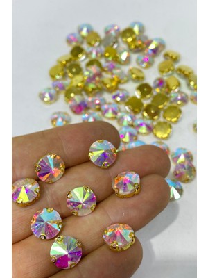 Hayalperest Boncuk Janjanlı Gold Yuvarlak Kasalı Dikme Cam Taş Kristal Boncuk 10 Adet