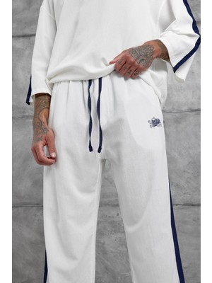 Beyaz Şeritli Keten Eşofman Altı