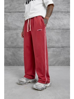 Kırmızı Paça Lastikli Yıkamalı Baggy Eşofman Altı