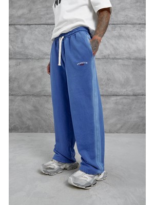 Mavi Paça Lastikli Yıkamalı Baggy Eşofman Altı