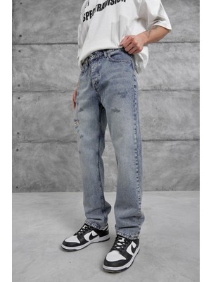 Mavi Yırtık Detaylı Baggy Jean