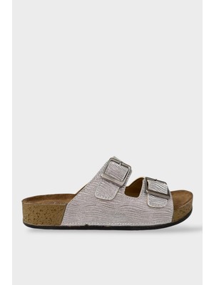 Liger Kadın Günlük Terlik Ayarlanabililr Tokalı Çift Bantlı Şık Ortopedik Yazlık Ev Plaj Tatil Terliği GÜMÜŞ