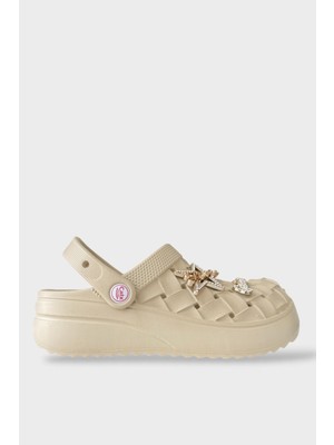 Liger Kadın Taşlı Comfort Hafif Yüksek Taban Yazlık Sandalet Terlik BEJ