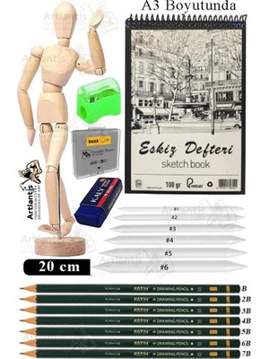 Artlantis Ahşap Insan Modeli 20 cm A3 29.7X42 cm Eskiz Defteri Dereceli Karakalem Seti Dağıtma Kalemi Hamur Silgi Kalemtraş
