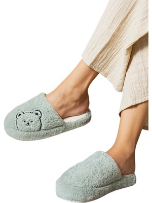 Liger Önü Kapalı Ayıcık Baskılı Peluş Kadın Ev Terliği YEŞİL