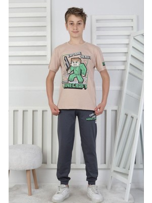 Isob Bej Minecraft Desenli %100 Pamuk Kısa Kollu Erkek Çocuk Pijama Takımı 8-13 Yaş 41512-BE