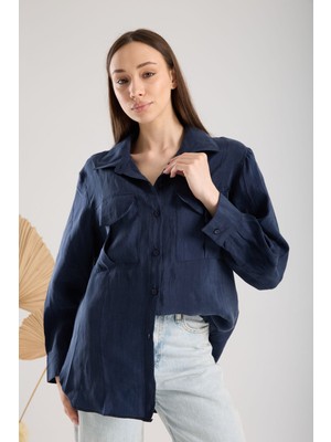 Oversize Çift Cep Kapaklı Krinkıl Saten Kadın Gömlek