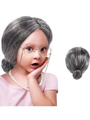 Marsilyan Gri Renk Yaşlı Peruğu Takma Saç Anneanne Babaanne Yetişkin Çocuk Uyumlu