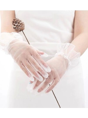 Kısa Boy Likralı Güpürlü Yetişkin Tül Eldiven Beyaz Renk