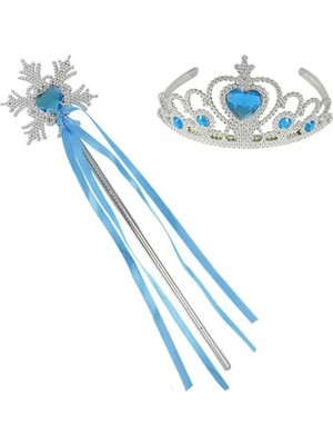 Karlar Ülkesi Elsa Mavi Kalp Tacı ve Kar Temalı Asa Seti
