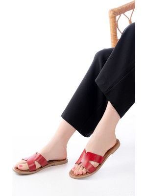 Kırmızı Ortopedik Hakiki Deri Kadın Terlik