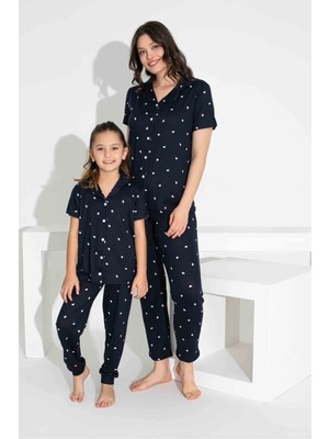 Anne Kız Kombin Kısa Kollu Gömlek Uzun Alt Milan Kumaş Orta Kalın Pijama TAKIMI-2909
