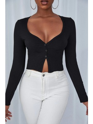 Kadın Siyah Uzun Kollu Düğmeli Göğüs ve Göbek Dekolteli Crop Top Bluz